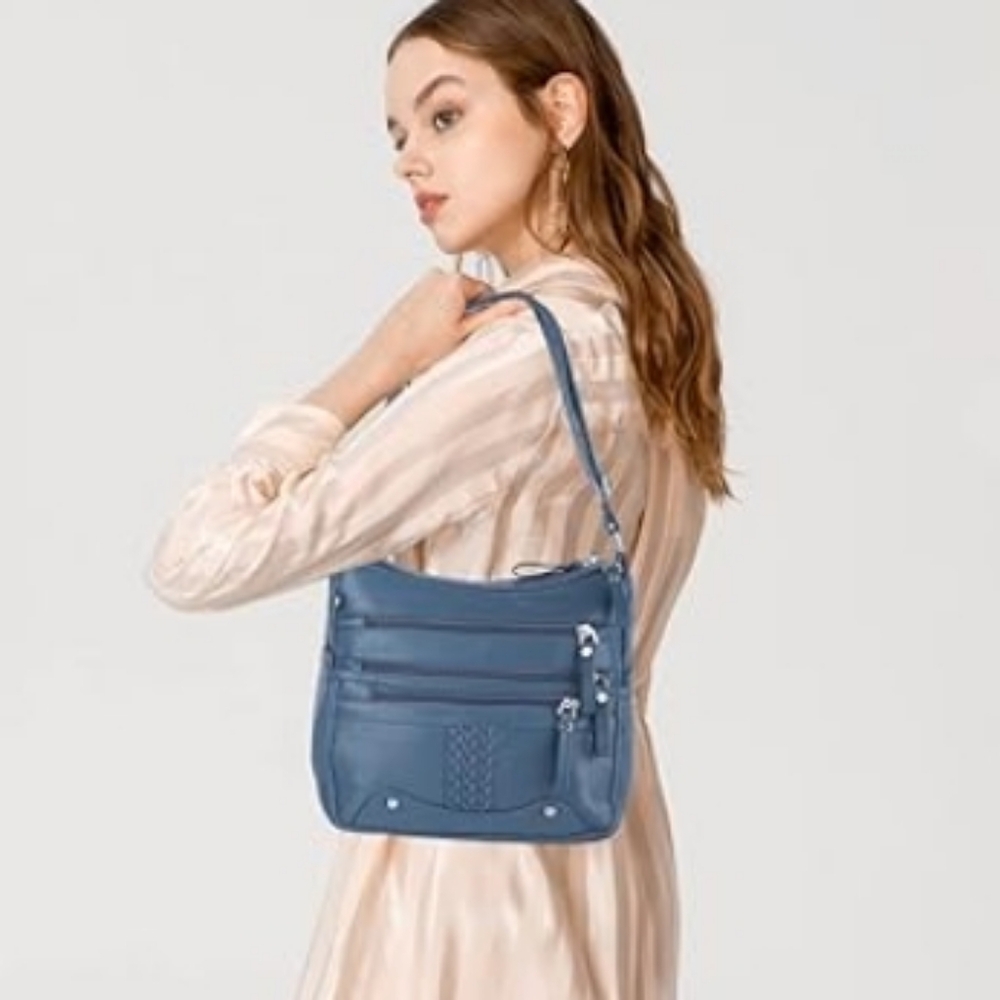 10 Pockets Crossbody Purse Ladies Soft PU Leather Shoulder bag Blue